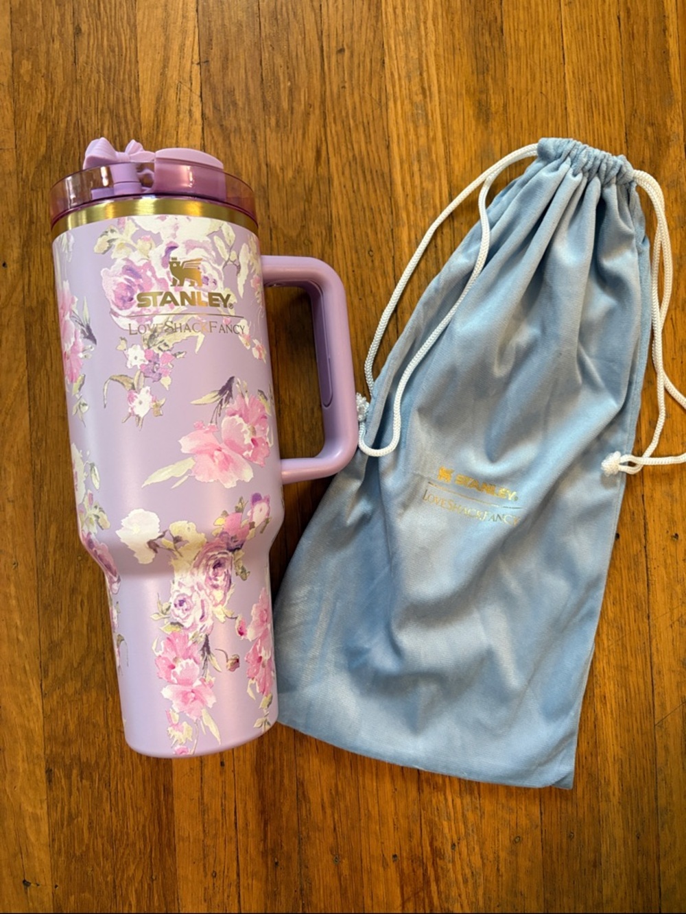 Stanley “Love Shack Fancy” Purple Floral Travel Mug with Blue Dust Bag